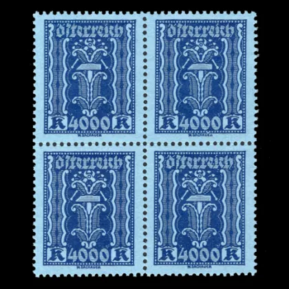 ANK 397 - Landwirtschaft, Gewerbe, Industrie, 4000 Kronen, 4er Block, postfrisch