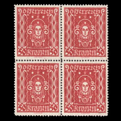 Michel 400 I. A - Woman's head, 50 Kronen, block of 4, mint