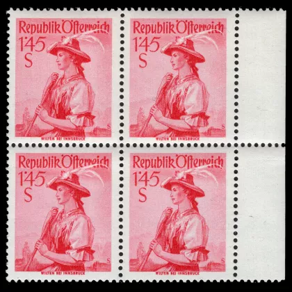 ANK 909 y - Österreichische Volkstrachten, 1.45 Schilling, vertikale Gummiriffelung, 4er Block mit rechtem Randstück, postfrisch