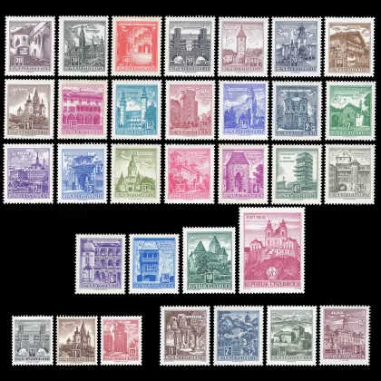 ANK 1090-1114 - Bauwerke und Baudenkmäler, 1957/1970, inklusive Automatenmarken und Ergänzungswerte, postfrisch