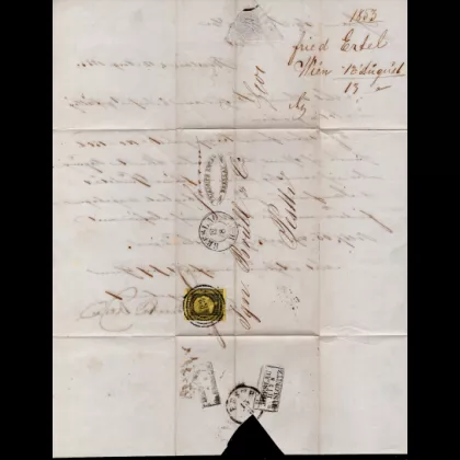 Cover from Breslau to Pesth on 12 August 1853, Michel 4, four-ring cancellation, local postmark